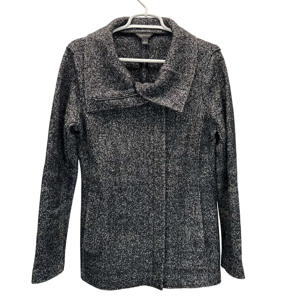Ann Taylor Textured Asymmetrical Zipper Fold Down Collar Jacket Black Wool S